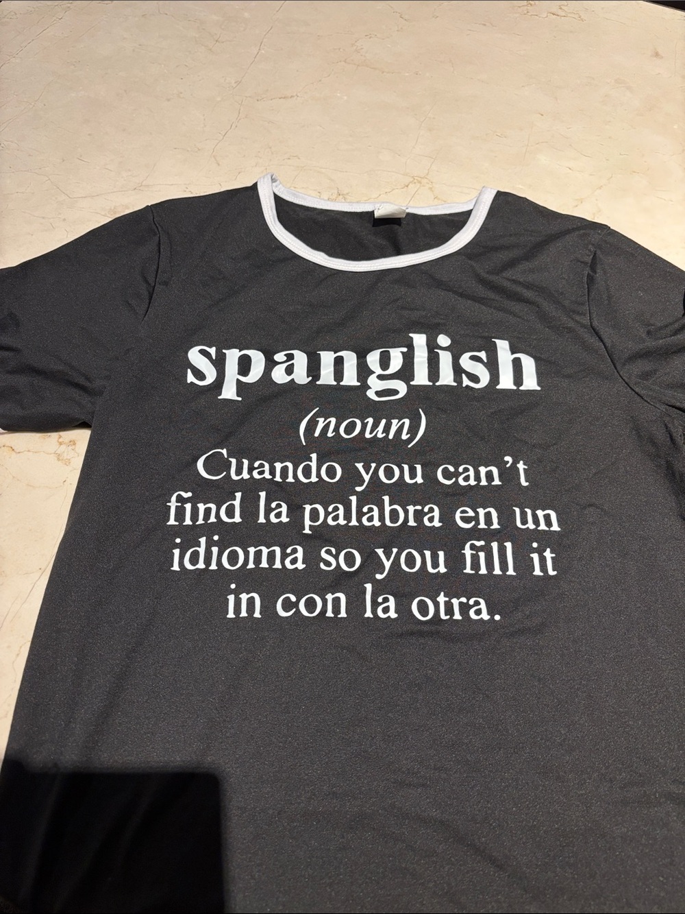 Spanglish Graphic Ringer T-Shirt - Black with White Trim - Picture 4 of 7